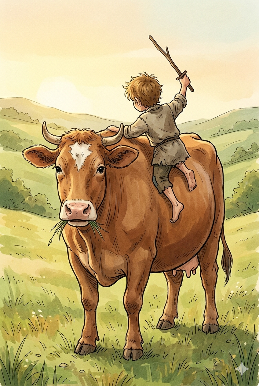 Teo na krowie Bryłce z mieczem